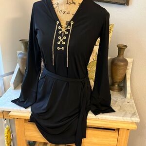 Micheal Kors Elegant Black Lace-Up Dress With Gold Chains Size Mediuum!!